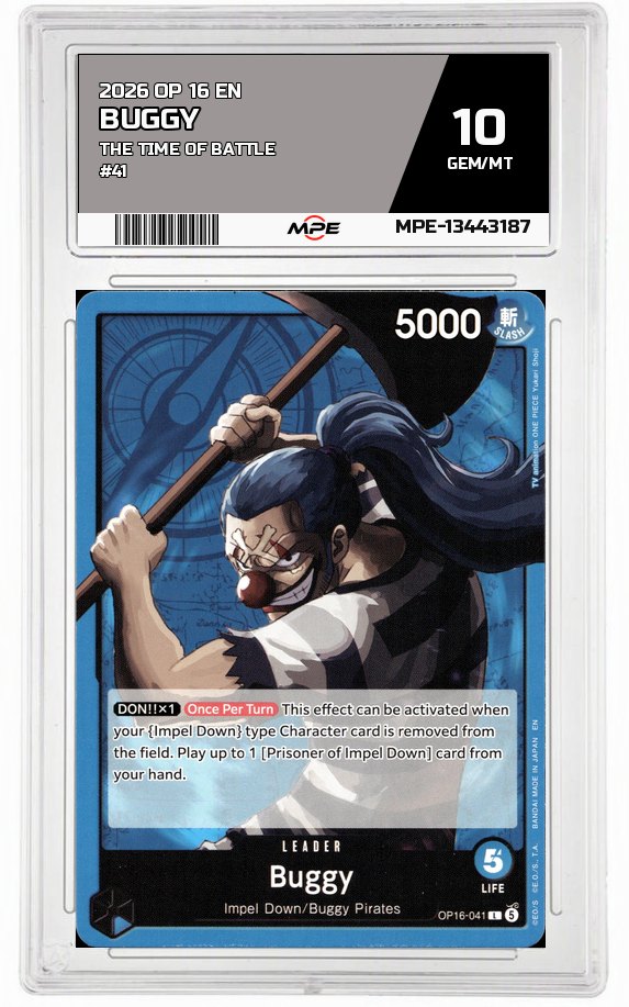 2026 OP 16 EN THE TIME OF BATTLE #41 BUGGY MPE 10 GEM/MT — graded card auctioned from the MPE vault