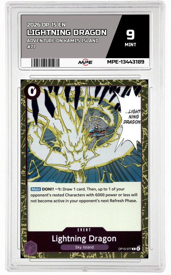 2026 OP 15 EN ADVENTURE ON KAMI'S ISLAND #77 LIGHTNING DRAGON MPE 9 MINT — graded card auctioned from the MPE vault
