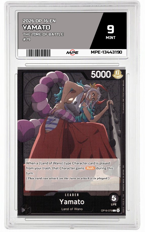 2026 OP 16 EN THE TIME OF BATTLE #79 YAMATO MPE 9 MINT — graded card auctioned from the MPE vault