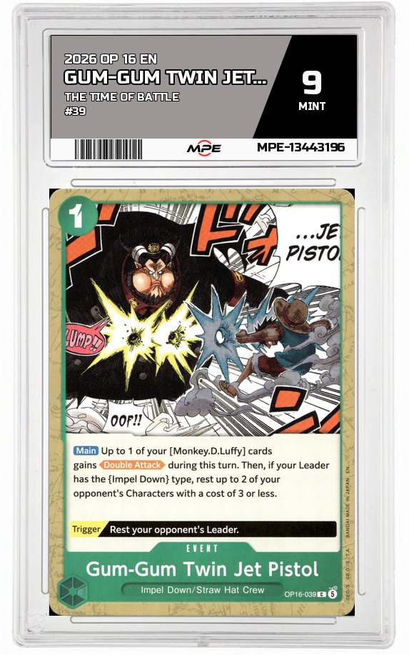 2026 OP 16 EN THE TIME OF BATTLE #39 GUM-GUM TWIN JET PISTOL MPE 9 MINT — graded card auctioned from the MPE vault