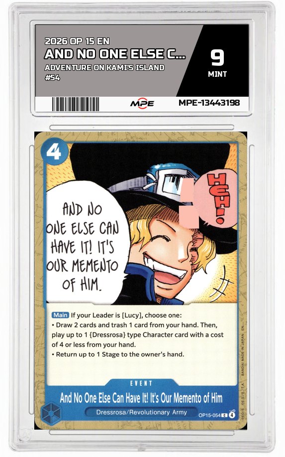2026 OP 15 EN ADVENTURE ON KAMI'S ISLAND #54 AND NO ONE ELSE CAN HAVE IT! IT'S OUR MEMENTO OF HIM MPE 9 MINT — graded card auctioned from the MPE vault