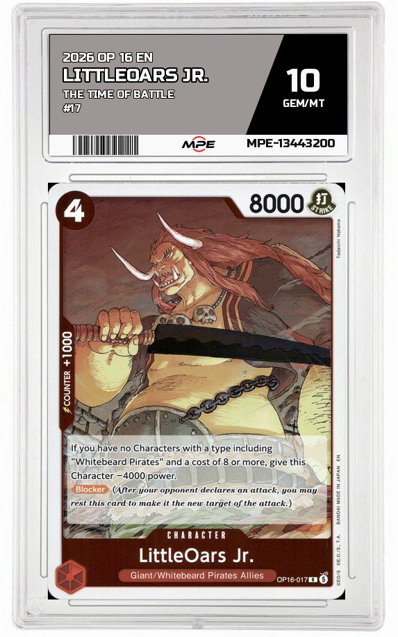 2026 OP 16 EN THE TIME OF BATTLE #17 LITTLEOARS JR. MPE 10 GEM/MT — graded card auctioned from the MPE vault