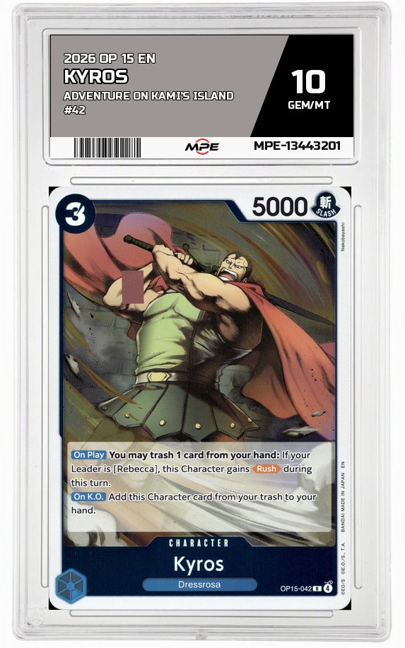 2026 OP 15 EN ADVENTURE ON KAMI'S ISLAND #42 KYROS MPE 10 GEM/MT — graded card auctioned from the MPE vault