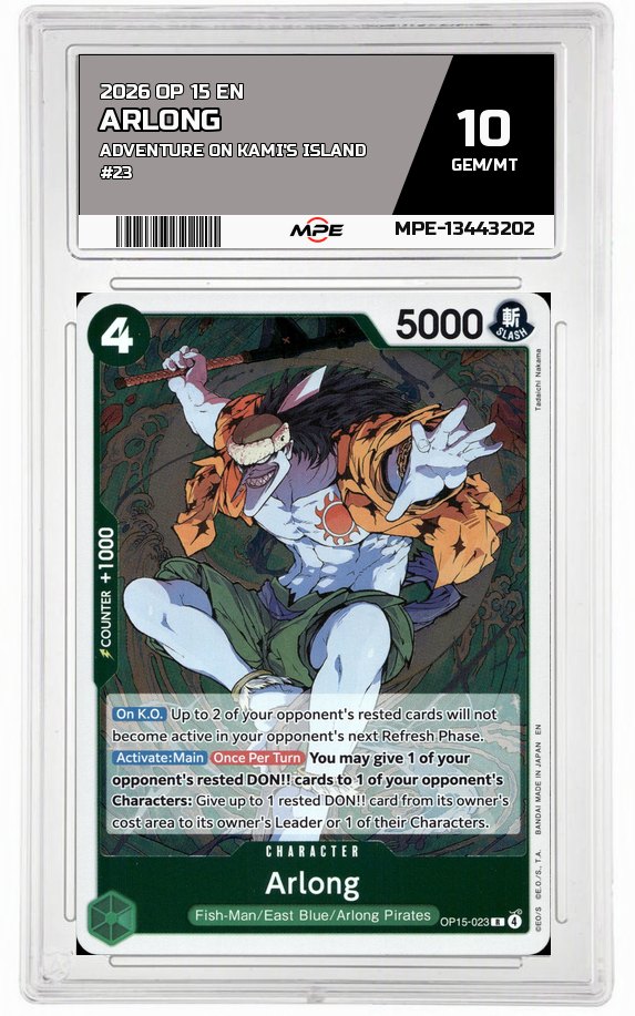 2026 OP 15 EN ADVENTURE ON KAMI'S ISLAND #23 ARLONG MPE 10 GEM/MT — graded card auctioned from the MPE vault