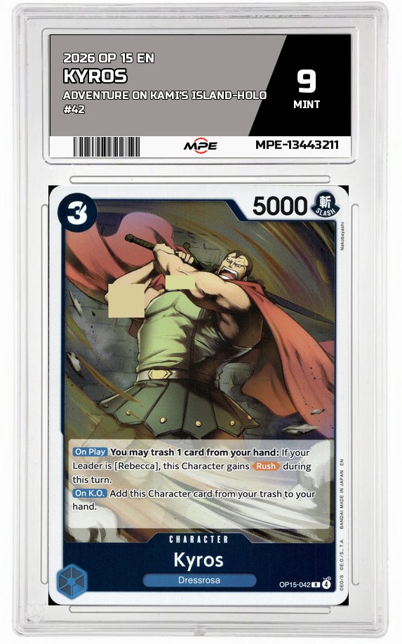 2026 OP 15 EN ADVENTURE ON KAMI'S ISLAND-HOLO #42 KYROS MPE 9 MINT — graded card auctioned from the MPE vault