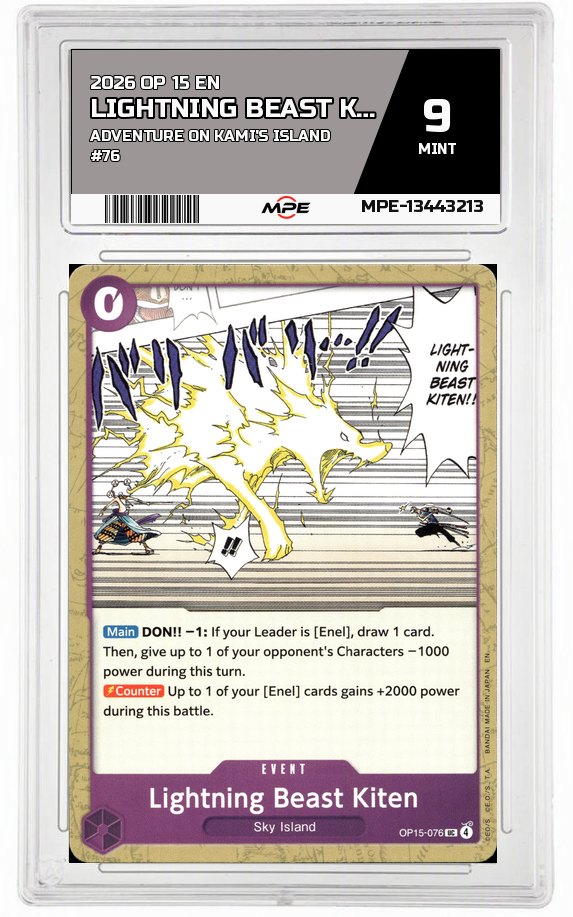2026 OP 15 EN ADVENTURE ON KAMI'S ISLAND #76 LIGHTNING BEAST KITEN MPE 9 MINT — graded card auctioned from the MPE vault
