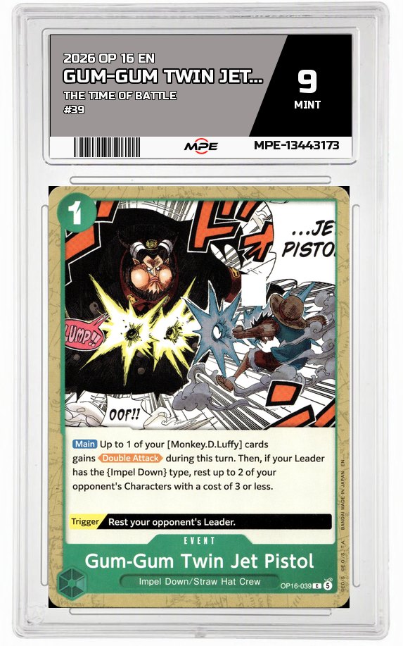 2026 OP 16 EN THE TIME OF BATTLE #39 GUM-GUM TWIN JET PISTOL MPE 9 MINT — graded card auctioned from the MPE vault