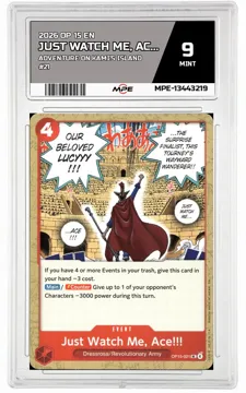 2026 OP 15 EN ADVENTURE ON KAMI'S ISLAND #21 JUST WATCH ME, ACE!!! MPE 9 MINT — graded card up for auction
