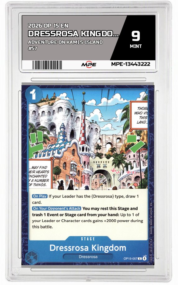 2026 OP 15 EN ADVENTURE ON KAMI'S ISLAND #57 DRESSROSA KINGDOM MPE 9 MINT — graded card auctioned from the MPE vault