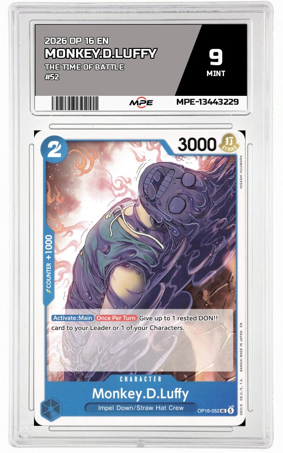 2026 OP 16 EN THE TIME OF BATTLE #52 MONKEY.D.LUFFY MPE 9 MINT — graded card auctioned from the MPE vault