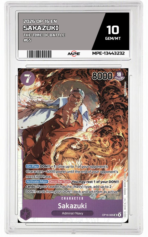 2026 OP 16 EN THE TIME OF BATTLE #65 SAKAZUKI MPE 10 GEM/MT — graded card auctioned from the MPE vault