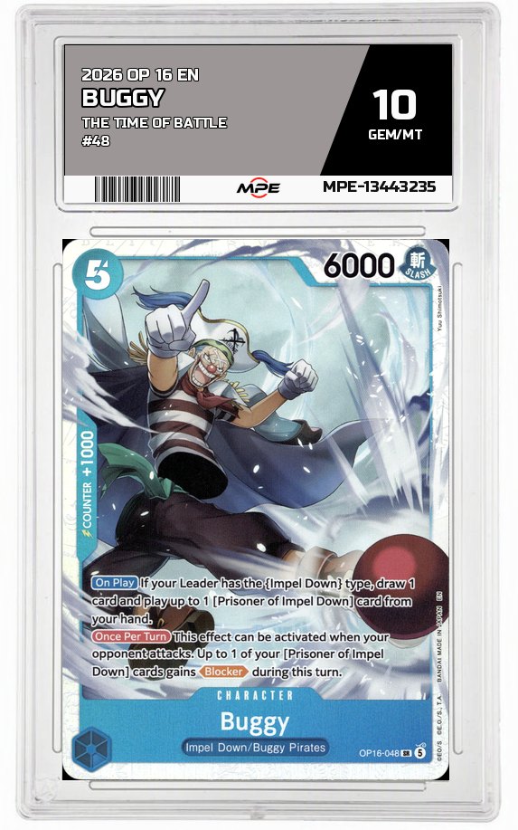 2026 OP 16 EN THE TIME OF BATTLE #48 BUGGY MPE 10 GEM/MT — graded card auctioned from the MPE vault