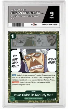 2026 OP 15 EN ADVENTURE ON KAMI'S ISLAND #38 IT'S AN ORDER! DO NOT DEFY ME!!! MPE 9 MINT — graded card up for auction