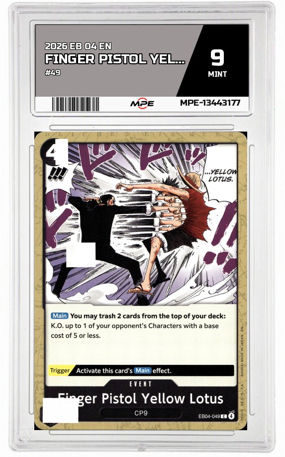 2026 EB 04 EN #49 FINGER PISTOL YELLOW LOTUS MPE 9 MINT — graded card auctioned from the MPE vault