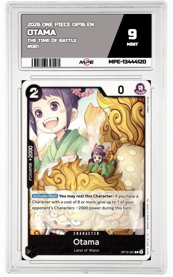 2026 ONE PIECE OP16 EN The Time of Battle #081 OTAMA MPE 9 MINT — graded card auctioned from the MPE vault