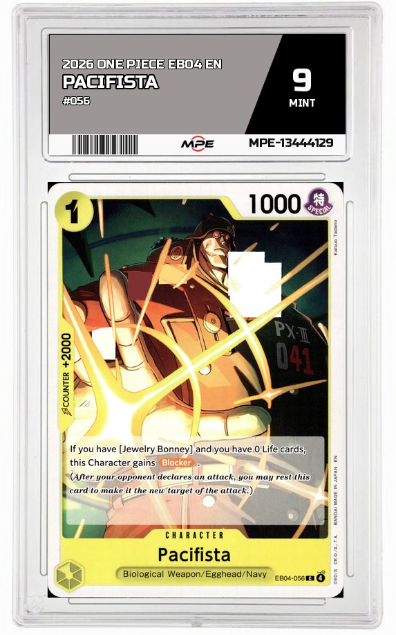 2026 ONE PIECE EB04 EN #056 PACIFISTA MPE 9 MINT — graded card auctioned from the MPE vault