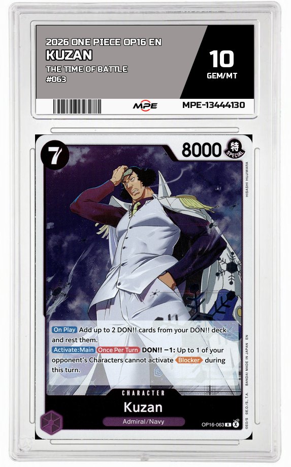 2026 ONE PIECE OP16 EN The Time of Battle #063 KUZAN MPE 10 GEM/MT — graded card auctioned from the MPE vault