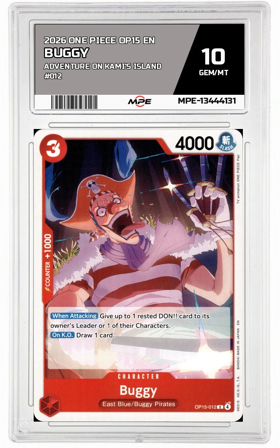 2026 ONE PIECE OP15 EN Adventure on Kami's Island #012 BUGGY MPE 10 GEM/MT — graded card auctioned from the MPE vault
