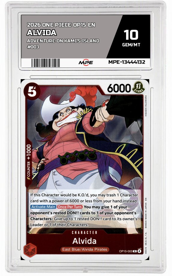 2026 ONE PIECE OP15 EN Adventure on Kami's Island #003 ALVIDA MPE 10 GEM/MT — graded card auctioned from the MPE vault