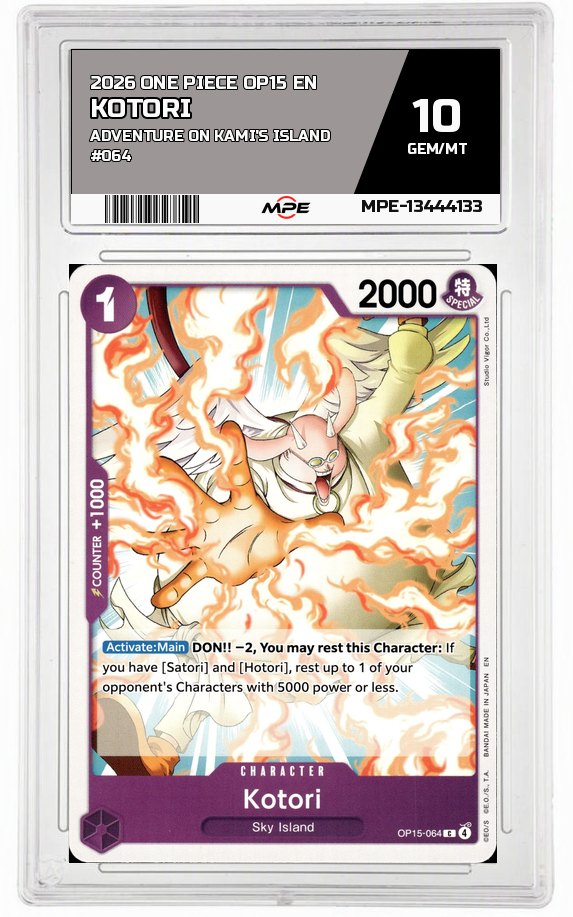 2026 ONE PIECE OP15 EN Adventure on Kami's Island #064 KOTORI MPE 10 GEM/MT — graded card auctioned from the MPE vault