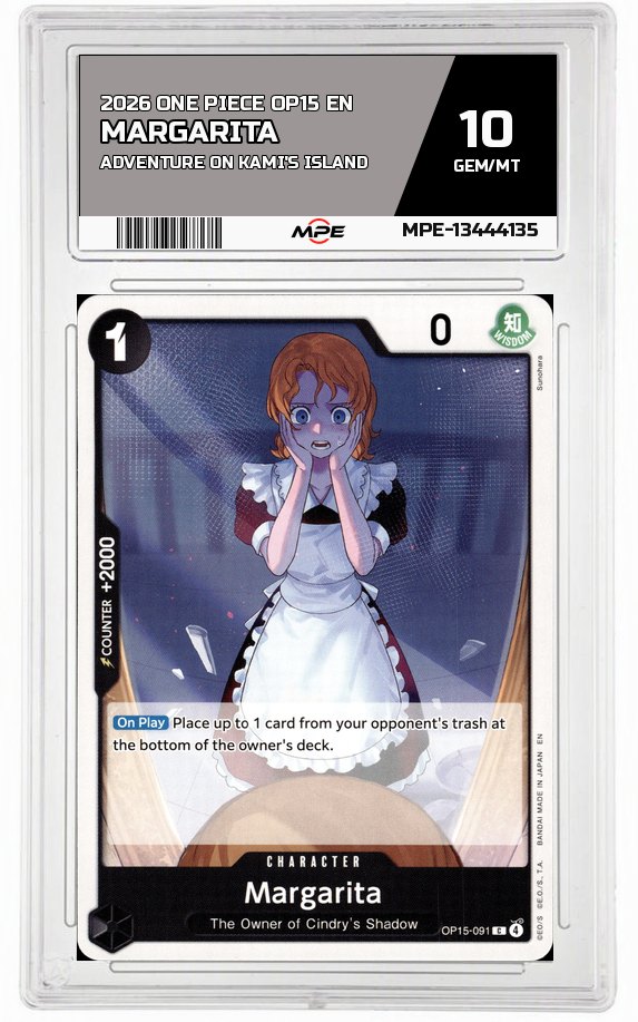 2026 ONE PIECE OP15 EN Adventure on Kami's Island MARGARITA MPE 10 GEM/MT — graded card auctioned from the MPE vault