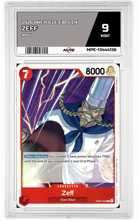 2026 ONE PIECE EB04 EN #004 ZEFF MPE 9 MINT — graded card auctioned from the MPE vault