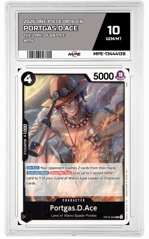 2026 ONE PIECE OP16 EN The Time of Battle #094 PORTGAS.D.ACE MPE 10 GEM/MT — graded card auctioned from the MPE vault