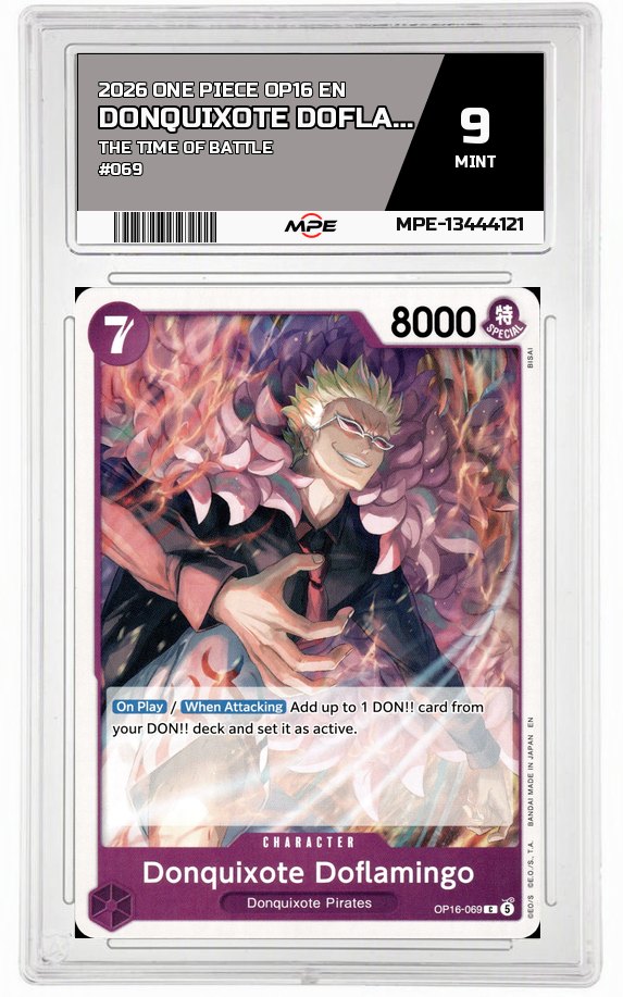 2026 ONE PIECE OP16 EN The Time of Battle #069 DONQUIXOTE DOFLAMINGO MPE 9 MINT — graded card auctioned from the MPE vault