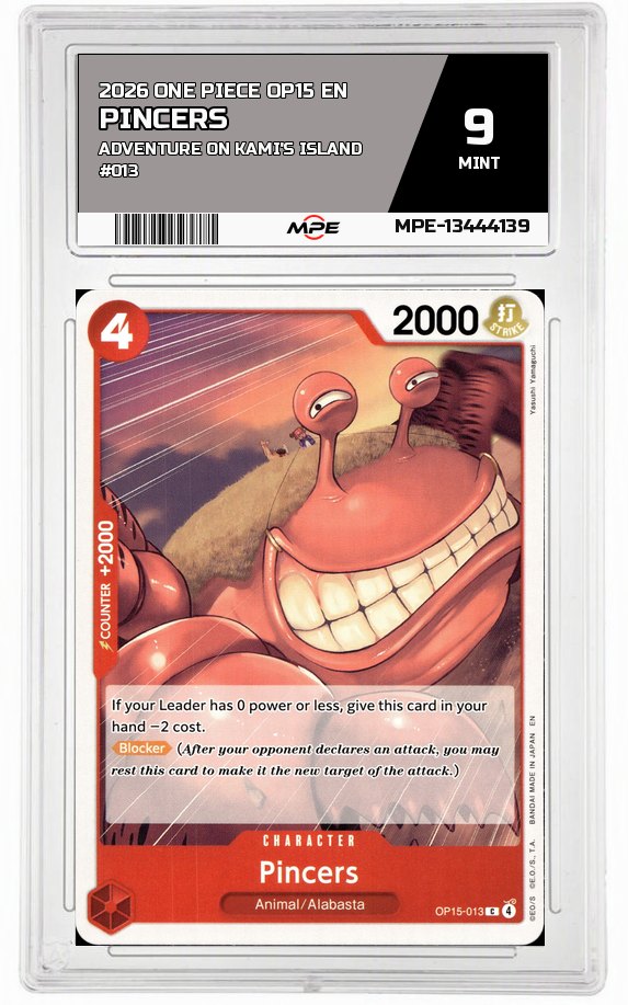 2026 ONE PIECE OP15 EN Adventure on Kami's Island #013 PINCERS MPE 9 MINT — graded card auctioned from the MPE vault