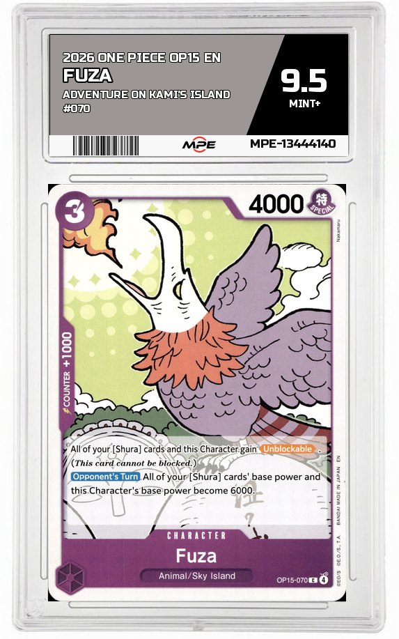 2026 ONE PIECE OP15 EN Adventure on Kami's Island #070 FUZA MPE 9.5 MINT+ — graded card auctioned from the MPE vault