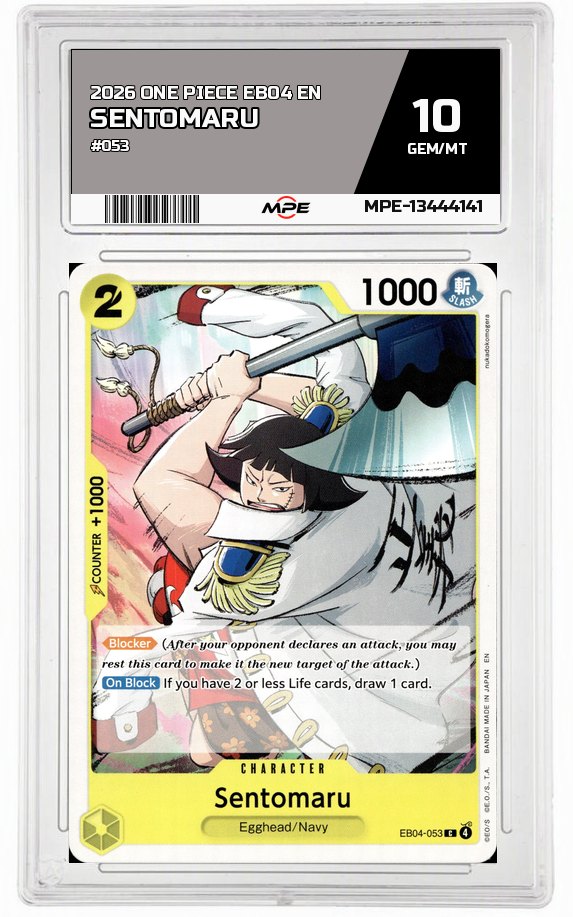 2026 ONE PIECE EB04 EN #053 SENTOMARU MPE 10 GEM/MT — graded card auctioned from the MPE vault