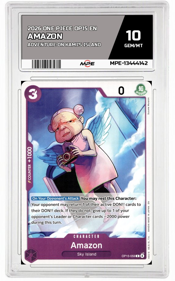 2026 ONE PIECE OP15 EN Adventure on Kami's Island AMAZON MPE 10 GEM/MT — graded card auctioned from the MPE vault