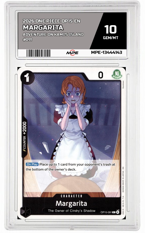2026 ONE PIECE OP15 EN Adventure on Kami's Island #091 MARGARITA MPE 10 GEM/MT — graded card auctioned from the MPE vault