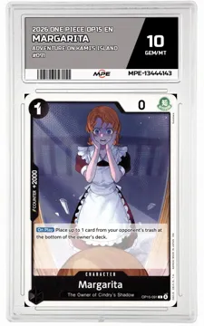 2026 ONE PIECE OP15 EN Adventure on Kami's Island #091 MARGARITA MPE 10 GEM/MT — graded card up for auction
