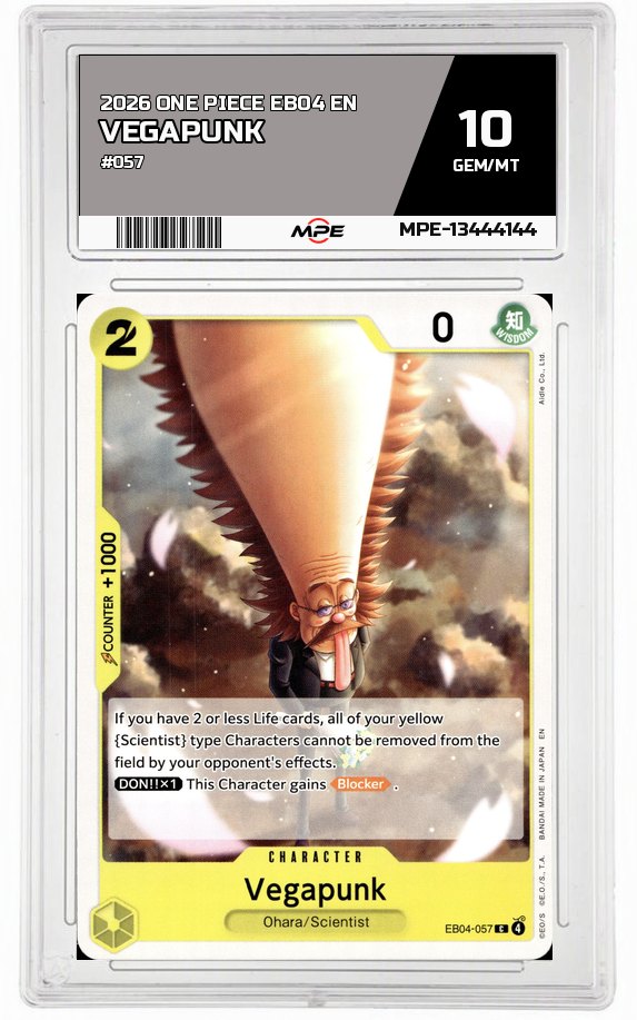 2026 ONE PIECE EB04 EN #057 VEGAPUNK MPE 10 GEM/MT — graded card auctioned from the MPE vault