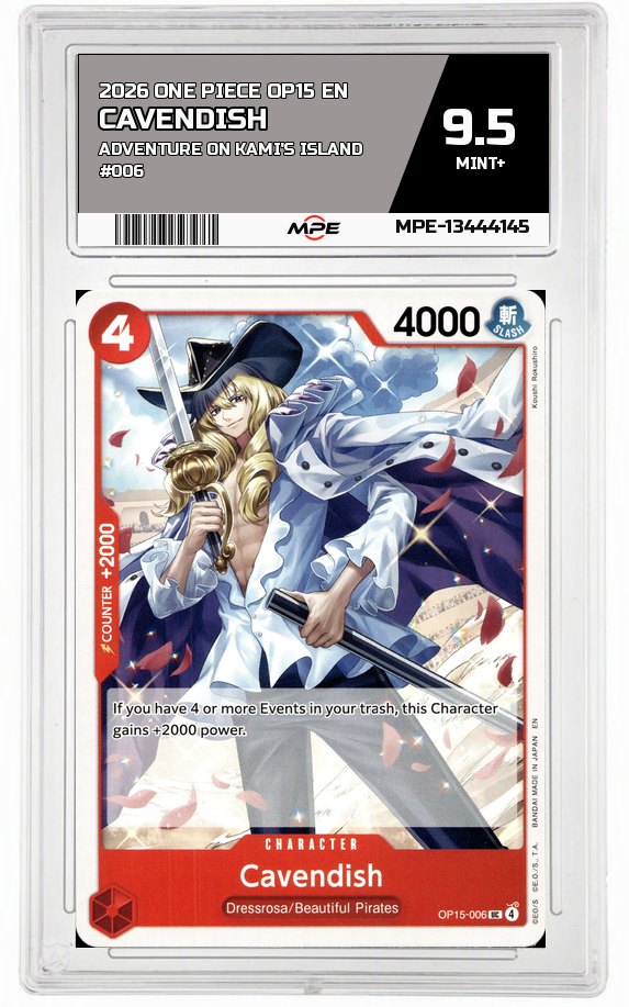 2026 ONE PIECE OP15 EN Adventure on Kami's Island #006 CAVENDISH MPE 9.5 MINT+ — graded card auctioned from the MPE vault