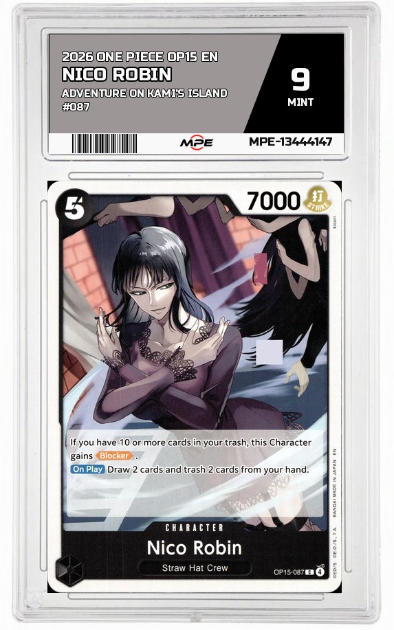 2026 ONE PIECE OP15 EN Adventure on Kami's Island #087 NICO ROBIN MPE 9 MINT — graded card auctioned from the MPE vault
