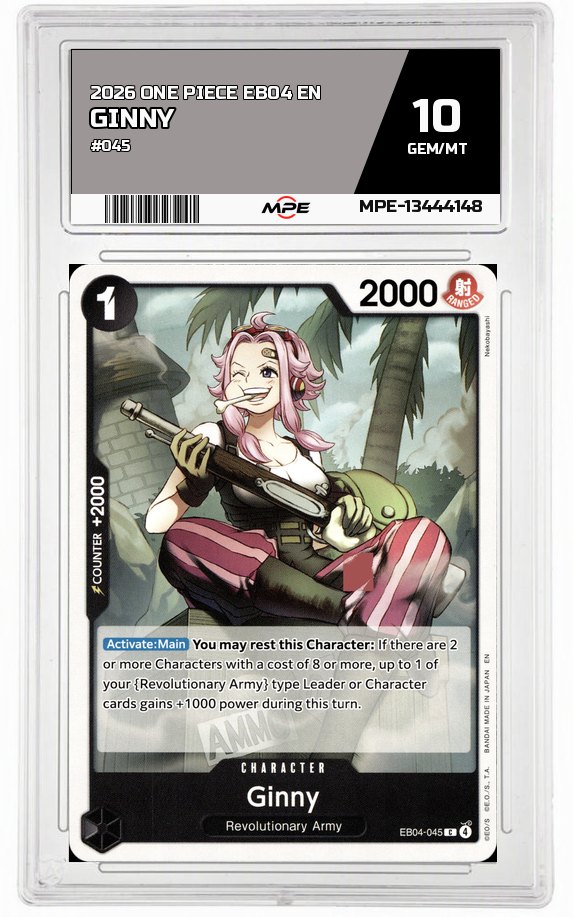 2026 ONE PIECE EB04 EN #045 GINNY MPE 10 GEM/MT — graded card auctioned from the MPE vault