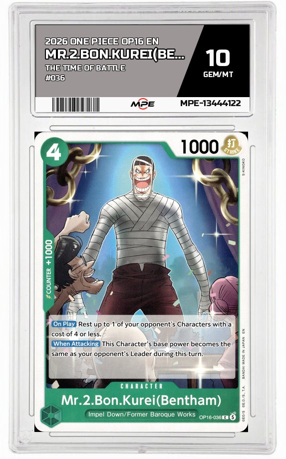 2026 ONE PIECE OP16 EN The Time of Battle #036 MR.2.BON.KUREI(BENTHAM) MPE 10 GEM/MT — graded card auctioned from the MPE vault