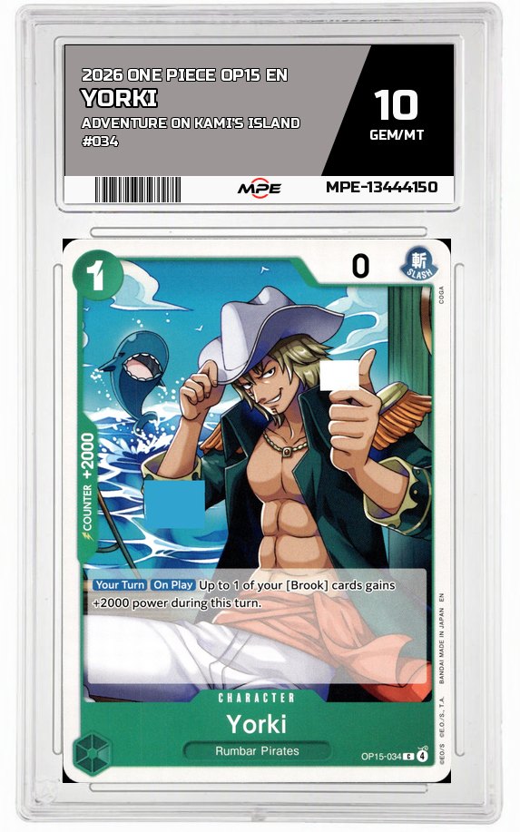 2026 ONE PIECE OP15 EN Adventure on Kami's Island #034 YORKI MPE 10 GEM/MT — graded card auctioned from the MPE vault