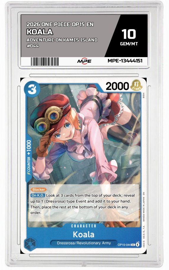 2026 ONE PIECE OP15 EN Adventure on Kami's Island #044 KOALA MPE 10 GEM/MT — graded card auctioned from the MPE vault
