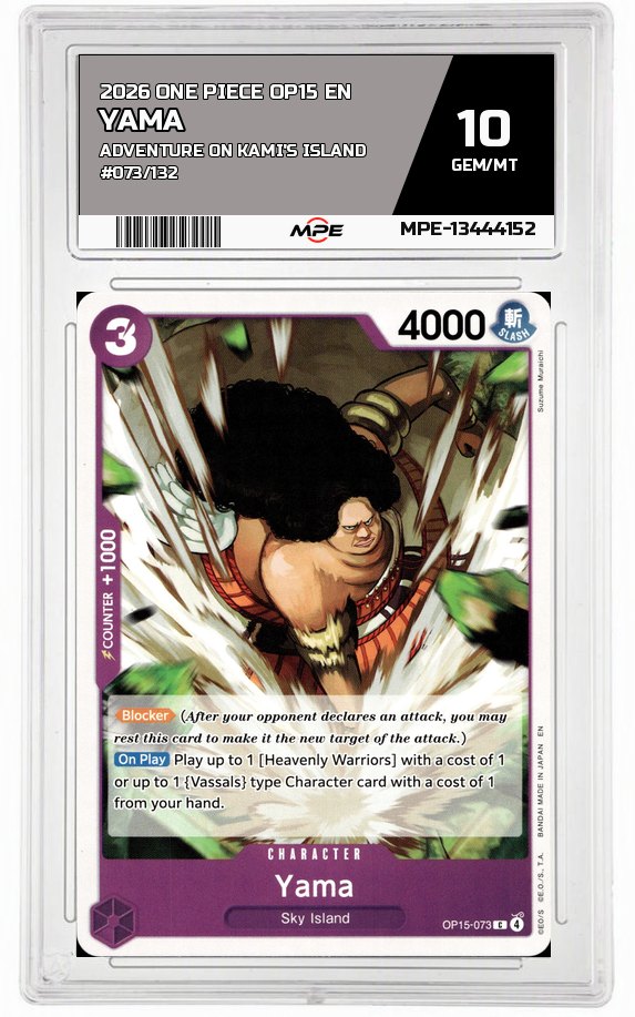 2026 ONE PIECE OP15 EN Adventure on Kami's Island #073/132 YAMA MPE 10 GEM/MT — graded card auctioned from the MPE vault