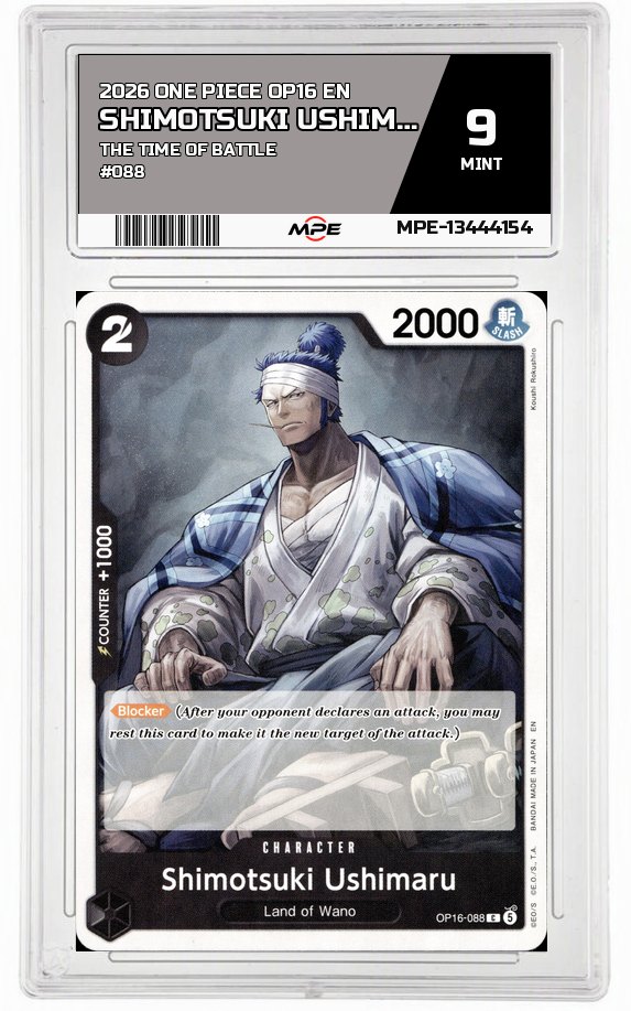 2026 ONE PIECE OP16 EN The Time of Battle #088 SHIMOTSUKI USHIMARU MPE 9 MINT — graded card auctioned from the MPE vault
