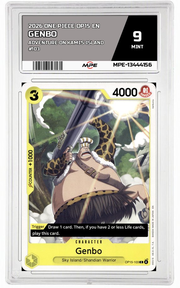 2026 ONE PIECE OP15 EN Adventure on Kami's Island #103 GENBO MPE 9 MINT — graded card auctioned from the MPE vault