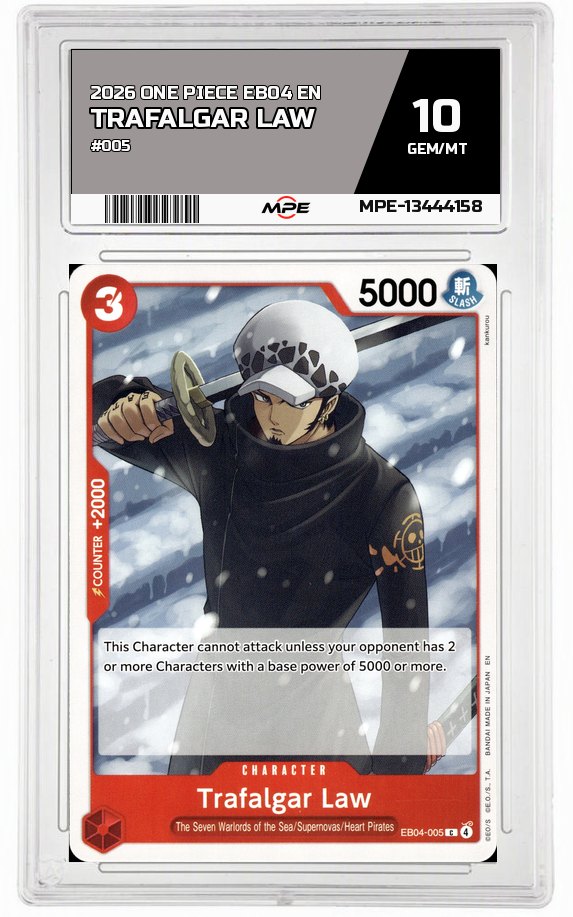 2026 ONE PIECE EB04 EN #005 TRAFALGAR LAW MPE 10 GEM/MT — graded card auctioned from the MPE vault
