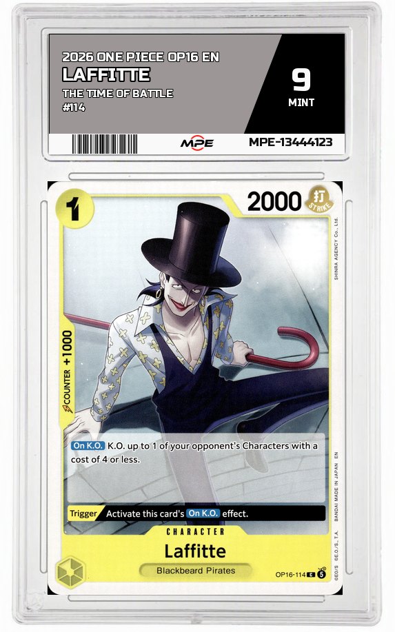 2026 ONE PIECE OP16 EN The Time of Battle #114 LAFFITTE MPE 9 MINT — graded card auctioned from the MPE vault