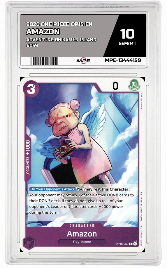 2026 ONE PIECE OP15 EN Adventure on Kami's Island #059 AMAZON MPE 10 GEM/MT — graded card auctioned from the MPE vault