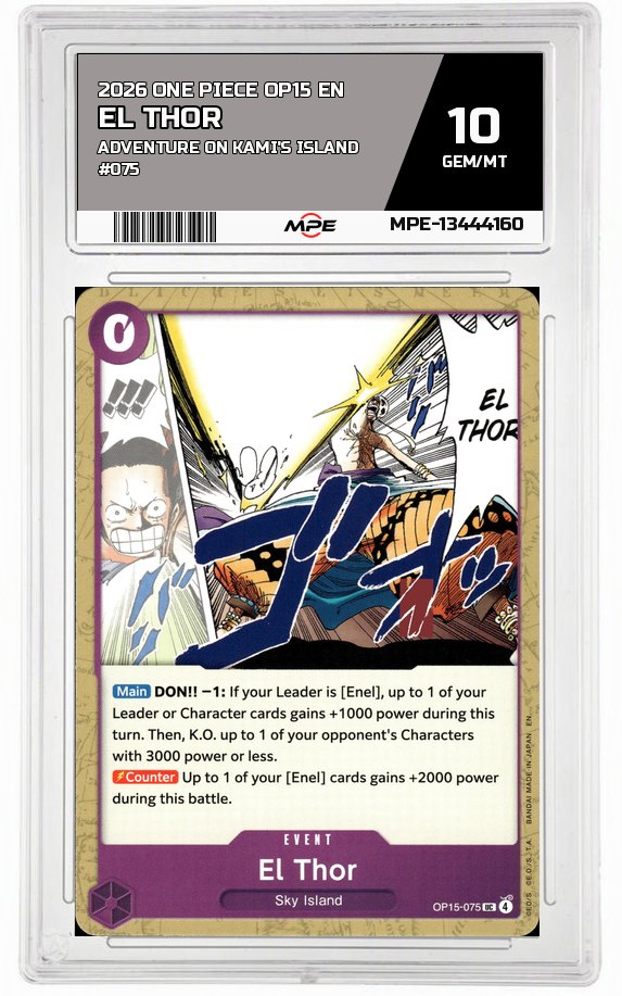 2026 ONE PIECE OP15 EN Adventure on Kami's Island #075 EL THOR MPE 10 GEM/MT — graded card auctioned from the MPE vault