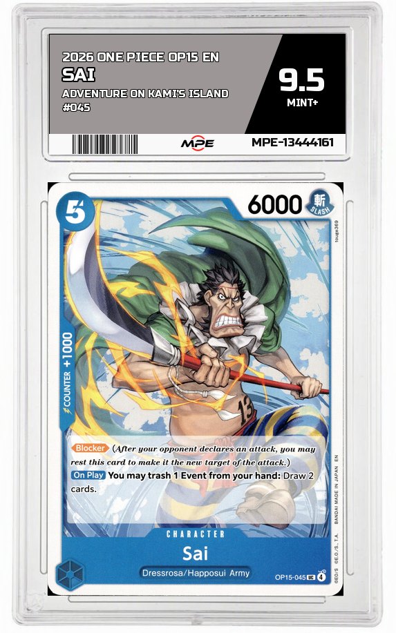 2026 ONE PIECE OP15 EN Adventure on Kami's Island #045 SAI MPE 9.5 MINT+ — graded card auctioned from the MPE vault