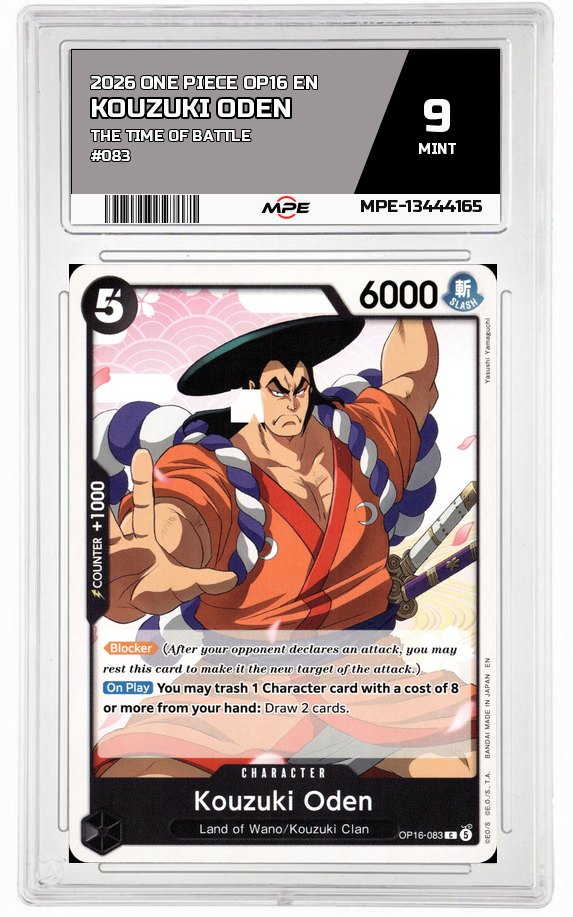 2026 ONE PIECE OP16 EN The Time of Battle #083 KOUZUKI ODEN MPE 9 MINT — graded card auctioned from the MPE vault